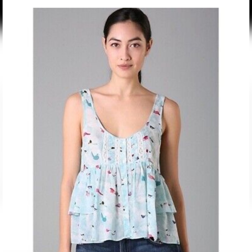 Free people gray Multi bird print sleeveless ruffle crop top